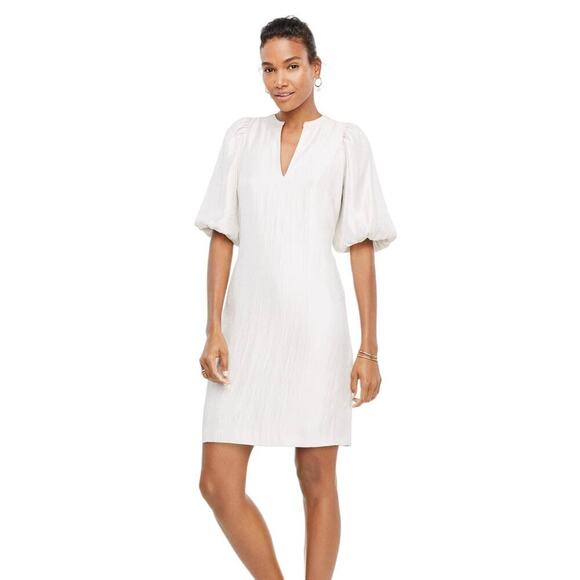 Ann Taylor Dress Shimmer Puff Sleeve Mini Sheath White Silver NEW NWT 2 T Tall - Picture 1 of 8